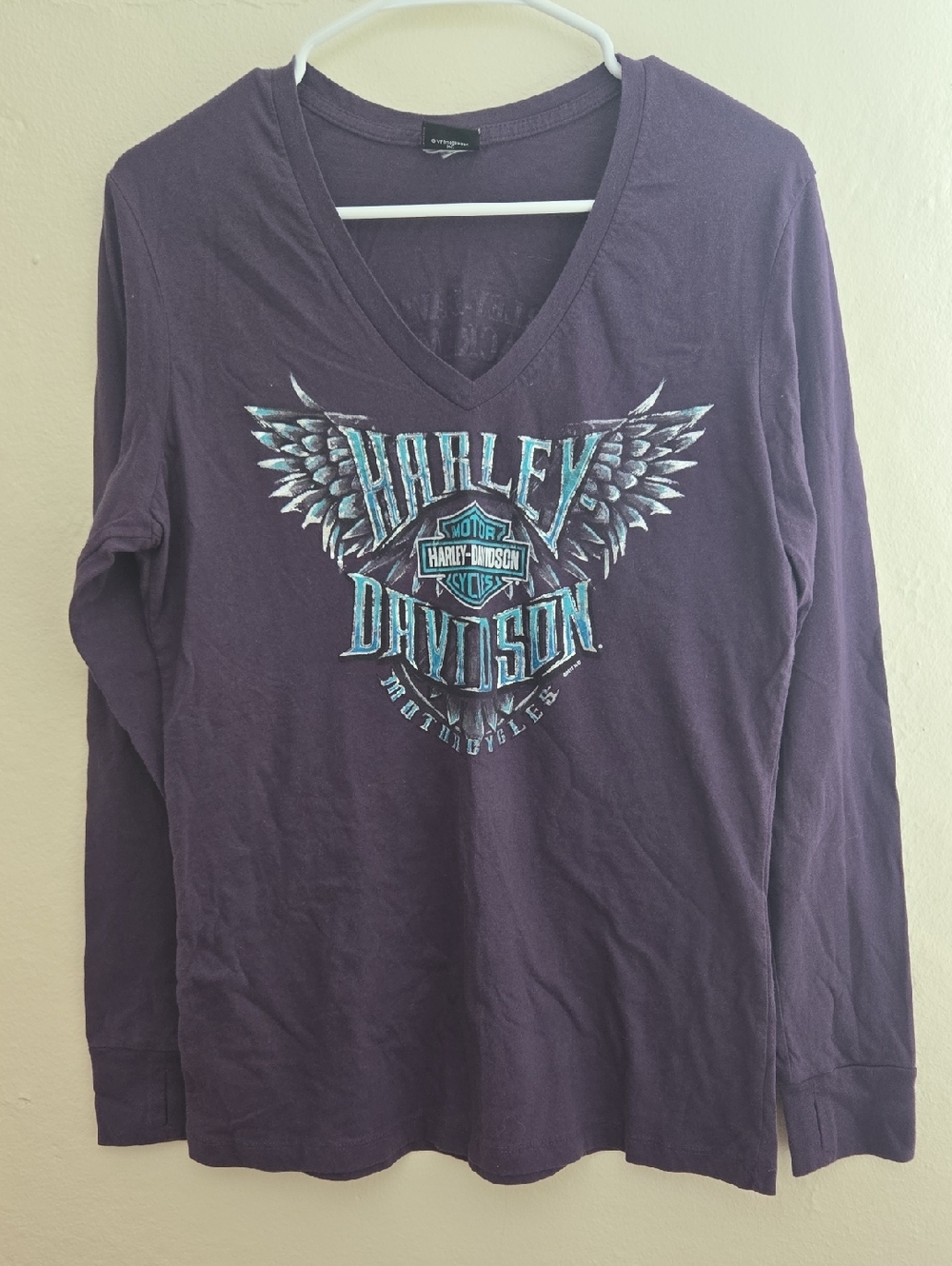 Harley-Davidson Purple Long Sleeve V‑Neck Tee with Teal Accent Logo